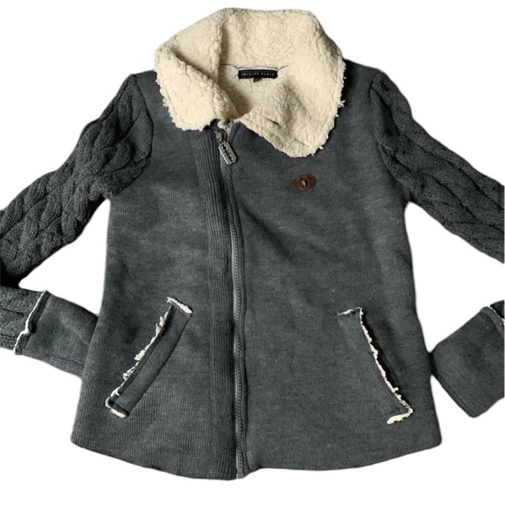 Philip plain wool Sherpa sweater jacket size L gray
